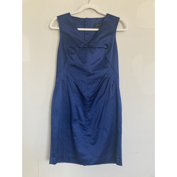 Robert Rodriguez Pleated Sheath Dress 4 Satin Blue Classic Event Sophisticated - Picture 1 of 10